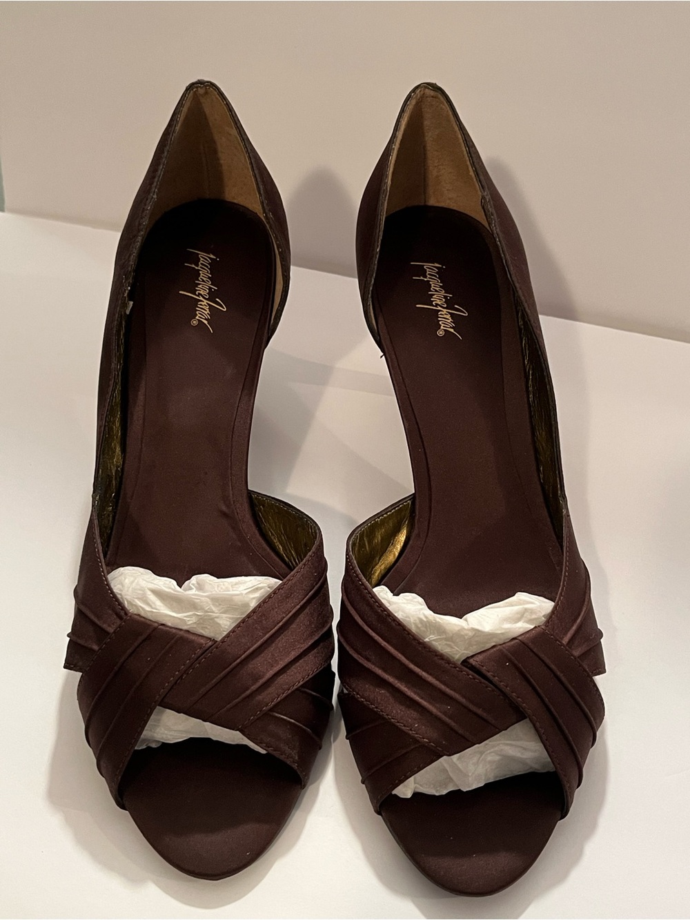 Jacqueline Ferrar Brown Satin Peep Toe Pumps